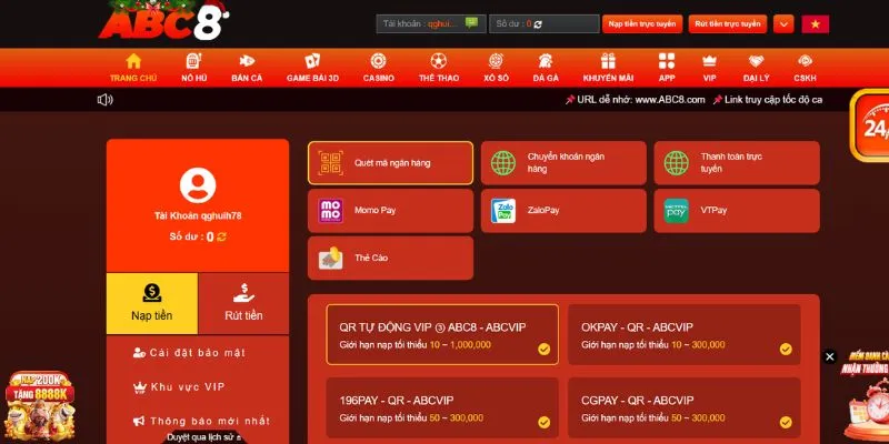 Các phương thức nạp tiền vào nhà cái ABC8 rất đa dạng