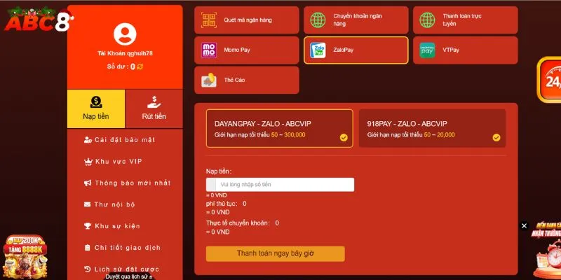 Giao diện nạp tiền qua ví Zalo Pay cá nhân